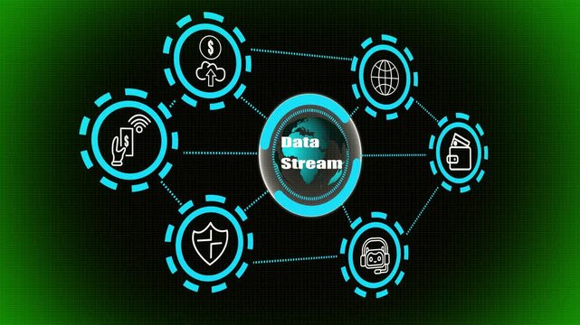Dynamic Data Stream Network Visualization with Futuristic Digital Icons, Cyber Innovation Flow, Data Security, Smart Connectivity, and Artificial Intelligence Integration in Modern Technology System.