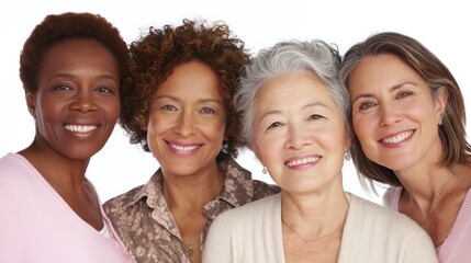 Four diverse women of different ages and ethnicities smiling and posing together in a studio setting.