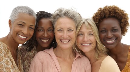 Fototapeta premium Five diverse women of different ages and ethnicities smiling and posing together in a group portrait.