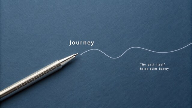 A silver pen draws a single unbroken flowing line across a dark blue surface, representing a journey.