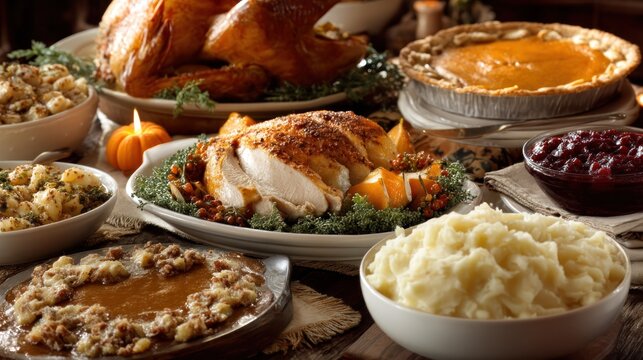 A Thanksgiving meal with roasted turkey, mashed potatoes, stuffing, cranberry sauce, and pumpkin pie, served on a wooden table with a rustic setting.