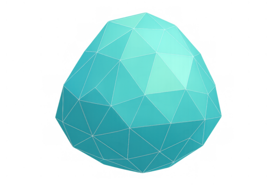 Teal low poly geometric sphere creating a modern abstract digital technology concept on a transparent background