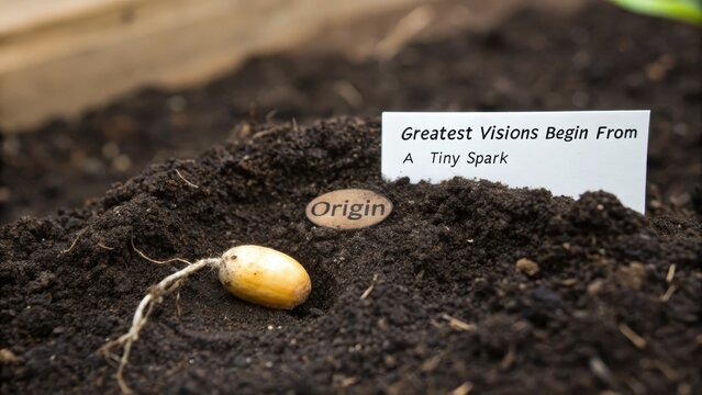 A single luminous seed labeled Origin nestled in dark soil, representing new beginnings and growth