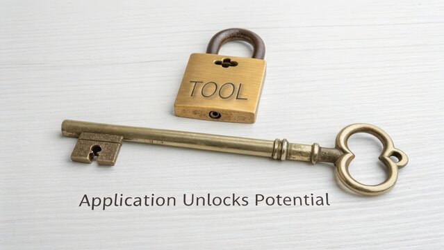 A Single Polished Brass Key Lying Beside a Padlock Bearing the Word "TOOL"