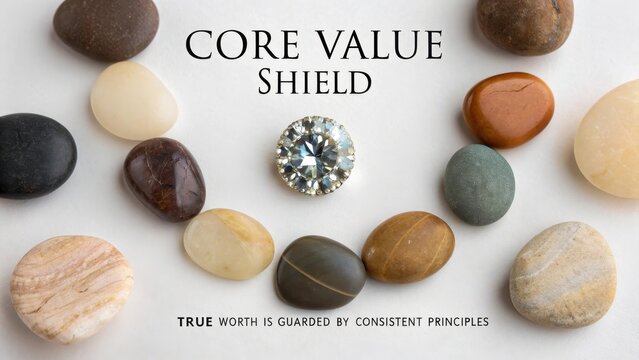 A sparkling diamond at the center of a diverse collection of smooth river stones, representing core values and true worth guarded by consistent principles.