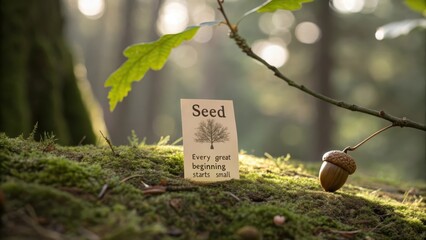 A small seed card with inspirational message sits amongst moss and fallen leaves in a forest setting