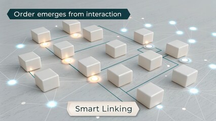 A smart linking network of smooth white cubes interconnected in a digital space, representing data connections and technological advancement.