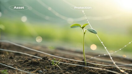 A tender young plant sprout emerges from dark soil, bathed in soft morning sunlight, symbolizing new beginnings and growth.