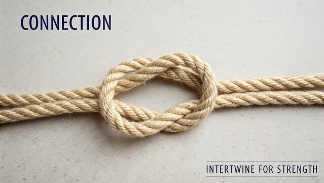 Close-up flat lay of a complex knot tied with a single strand of beige rope on a light textured surface