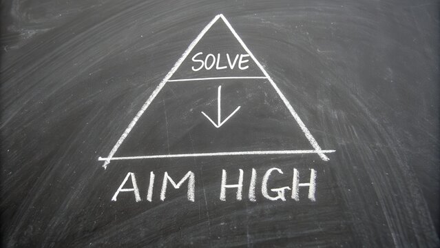 A triangular chalkboard diagram illustrating the concept of aiming high and the process to solve objectives with clear instructional messaging.