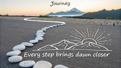 A winding path paved with smooth white stones leads towards a majestic mountain landscape at sunrise, inspiring the journey ahead.