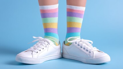 A pair of white sneakers with colorful striped socks on a blue background.