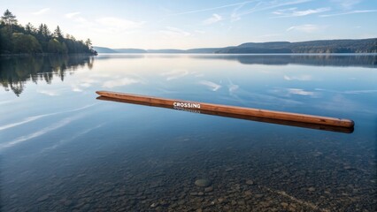 A wooden canoe paddle rests next to the calm, reflective surface of a clear lake water, hinting at journeys ahead.