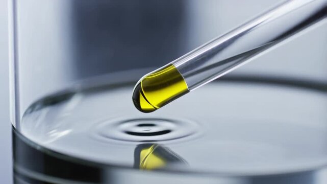 An extreme close up slow motion of a yellow reagent drop from a burette causing a color change in a flask concept of titration and precise chemical analysis