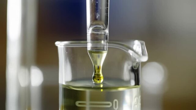 An extreme close up slow motion of a yellow reagent drop from a burette causing a color change in a flask concept of titration and precise chemical analysis