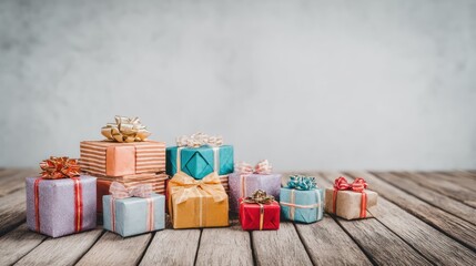 A collection of colorful gift boxes arranged on a rustic wooden table against a plain white background.