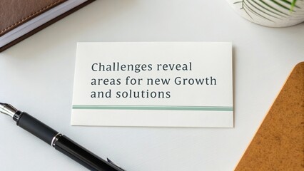 A white card placed on a desk with text highlighting challenges revealing areas for new growth and solutions