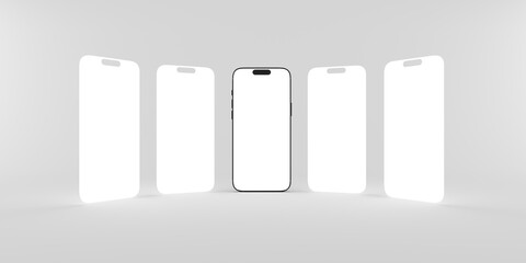 Phone five screens for mockup displayed in a curve forming. Front view of a mobile phone with empty screen ready for place your designs.