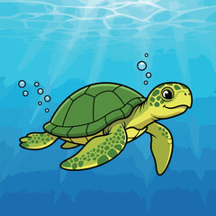 A cute cartoon green sea turtle swimming underwater in the blue ocean with light rays shining through.
