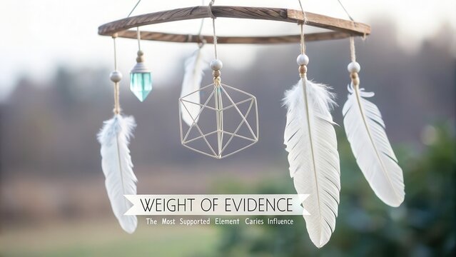 Delicate handmade mobile with feathers and geometric elements suspended in a serene outdoor setting