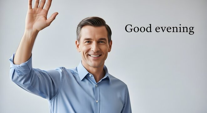 A cheerful man in a blue shirt waves his hand in greeting, offering a warm and friendly gesture against a neutral background, creating a welcoming and approachable image