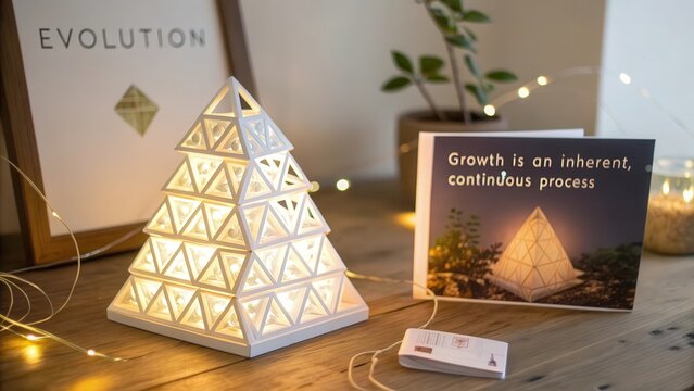 Geometric Tree Lamp with Soft Ethereal Glow and Inspirational Quote Card on Wooden Surface