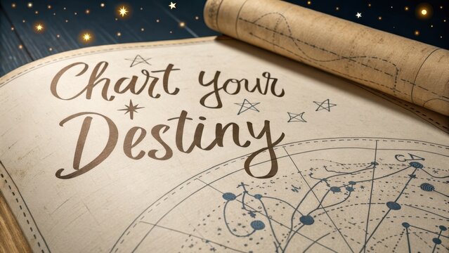 Ancient scroll unrolls to reveal a meticulously drawn star chart and the inspiring message Chart Your Destiny
