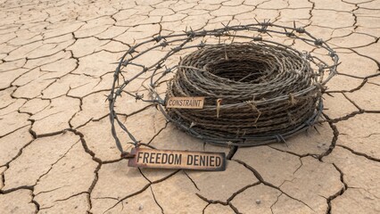 Barbed wire coiled tightly on dry cracked earth with 'Constraint' and 'Freedom Denied' tags, symbolizing restriction.