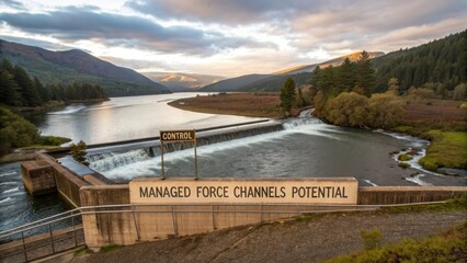 Massive concrete dam with 'Managed Force Channels Potential' signage controlling a powerful river and landscape