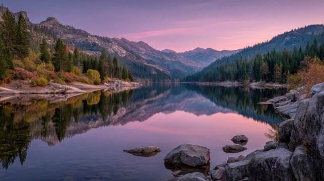 A serene mountain lake at sunset with a reflection of the sky and mountains in the water, surrounded by lush green trees and rocky outcroppings.