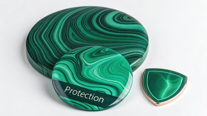 Polished Malachite Discs with Swirling Patterns and a Shield Symbol Indicating Protection