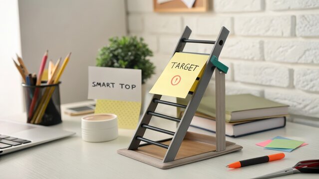Desk with a miniature ladder displaying a 'Target' note, symbolizing goals and planning in an office setting