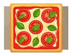 Cartoon square pizza with tomato slices and basil leaves sitting in a cardboard box
