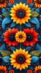 Symmetrical floral artwork featuring vibrant sunflowers in various colors, surrounded by blue and green foliage. Dark backdrop