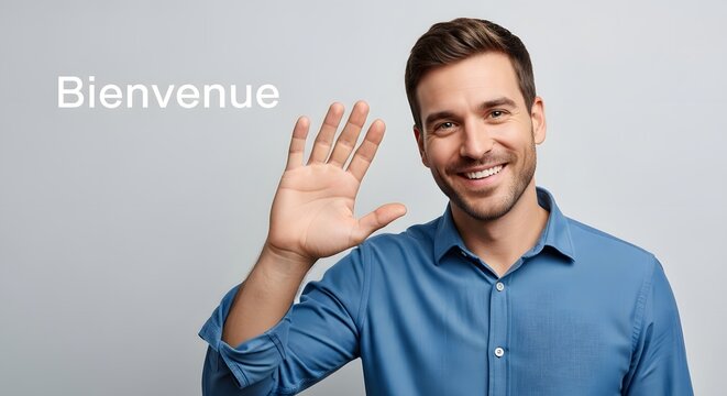 A cheerful man with a warm smile extends his hand in a welcoming gesture, conveying a sense of friendliness and approachability against a neutral backdrop