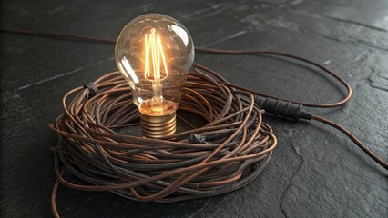 Glowing vintage Edison filament light bulb resting within a coiled electrical wire on a textured dark surface