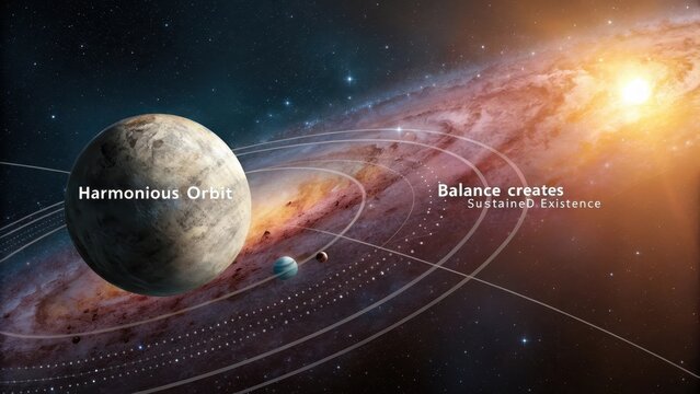 Galactic orbit of planets around a central star with swirling cosmic dust and distant stars.