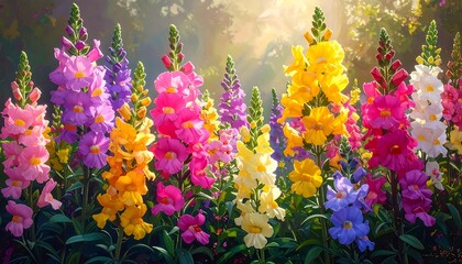 Vibrant snapdragons in a sunny garden bloom, displaying a rainbow of colors against blurred foliage. Bright light highlights the petals