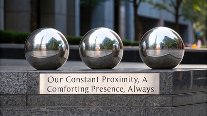 Three perfectly rounded polished silver spheres arranged in a structured line on a textured surface with reflections visible