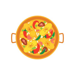 Illustrated Paella Dish: Vibrant Spanish Cuisine Vector Graphic on Black Background, Food Illustration, Authentic Meal