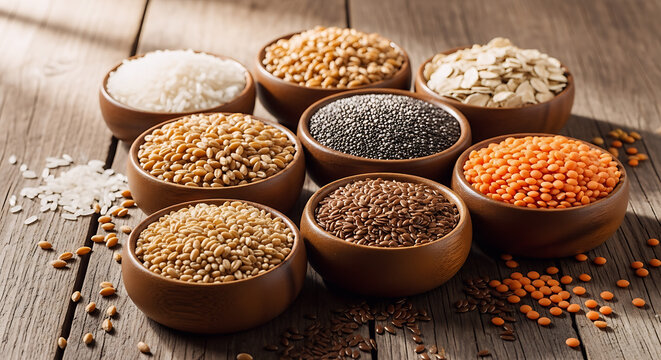 A mix of grains, legumes, and lentils displayed in wooden bowls on a rustic wooden table. Natural composition with beautiful textures and colors. - Powered by Adobe