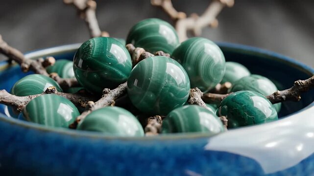 Smooth Polished Malachite Spheres Nestled Among Twigs in a Rustic Blue Ceramic Bowl with Soft Natural Lighting and Shallow Depth of Field