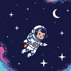 A cute cartoon astronaut floating in outer space with stars, a crescent moon, and colorful nebulae.