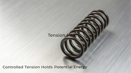Tightly Coiled Dark Metallic Spring Against a Brushed Metal Surface Showcasing Potential Energy