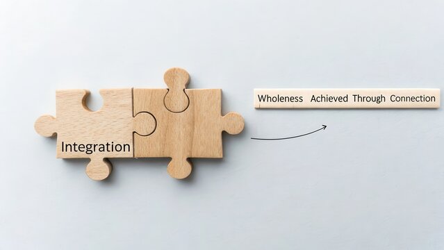 Three Wooden Puzzle Pieces Interlocking Forming Wholeness Achieved on a Light Background