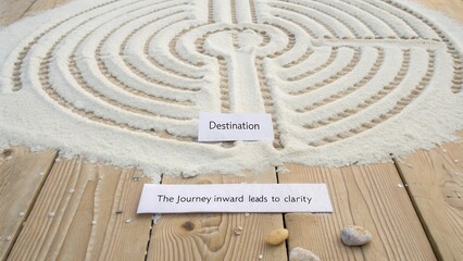 White Sand Labyrinth Path Leading to Destination and Inner Clarity on Wooden Surface