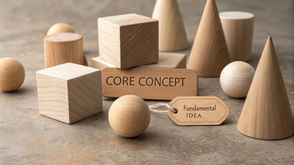 Wooden geometric shapes with 'Core Concept' and 'Fundamental Idea' tags representing foundational learning