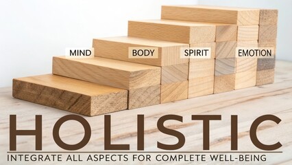 Wooden blocks forming steps labeled Mind, Body, Spirit for holistic wellbeing and growth