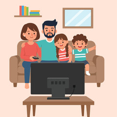 A family of four is sitting on a couch watching television together in their living room.