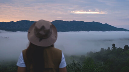 Blurred rear view of a woman looking at the sea of fog and mountain views